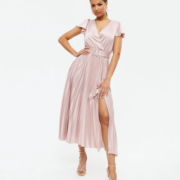 New Look Dresses New Look Pale Pink Satin Belted Pleated Wrap